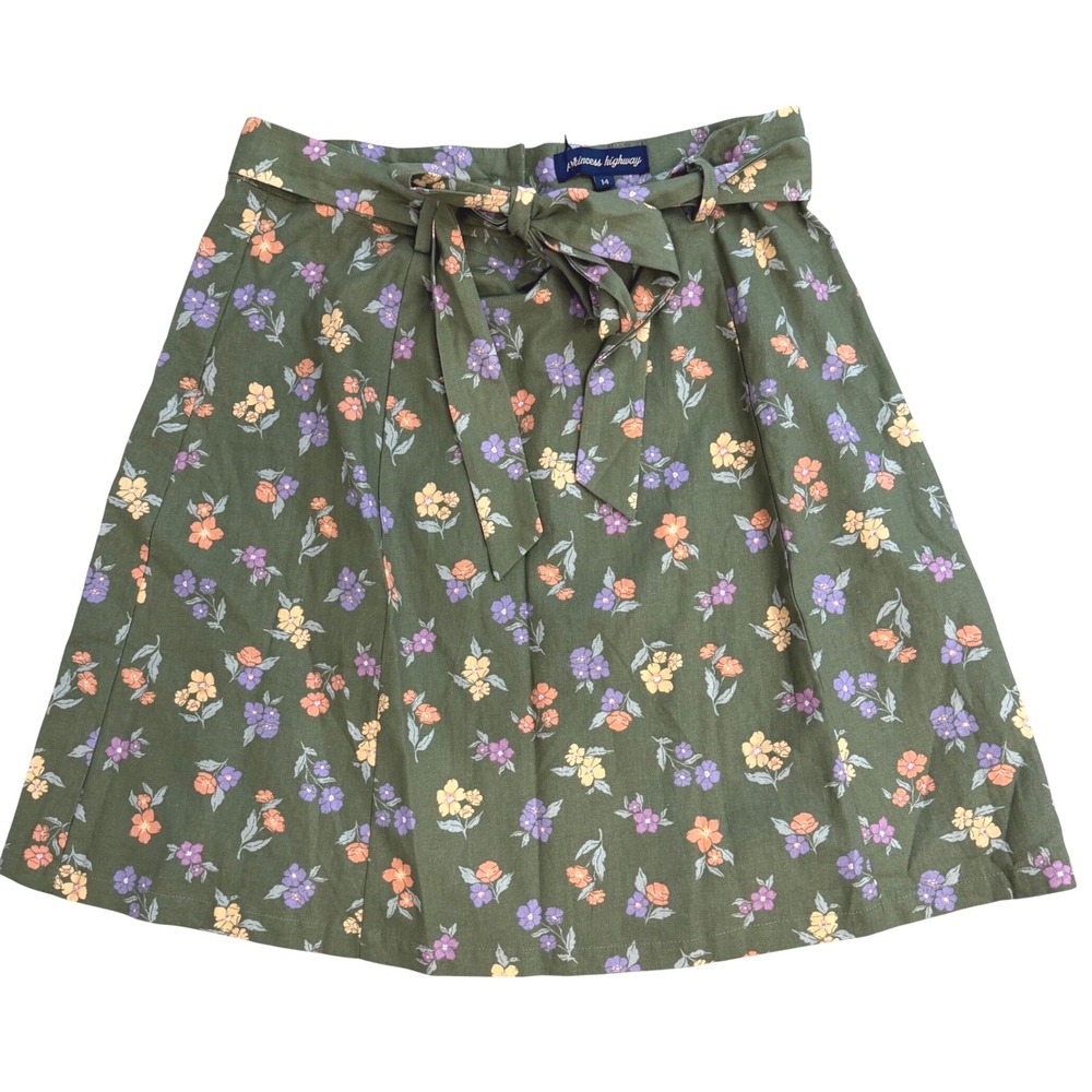 Princess Highway x Modcloth Green Raining Garlands Linen Blend A-Line Skirt 14